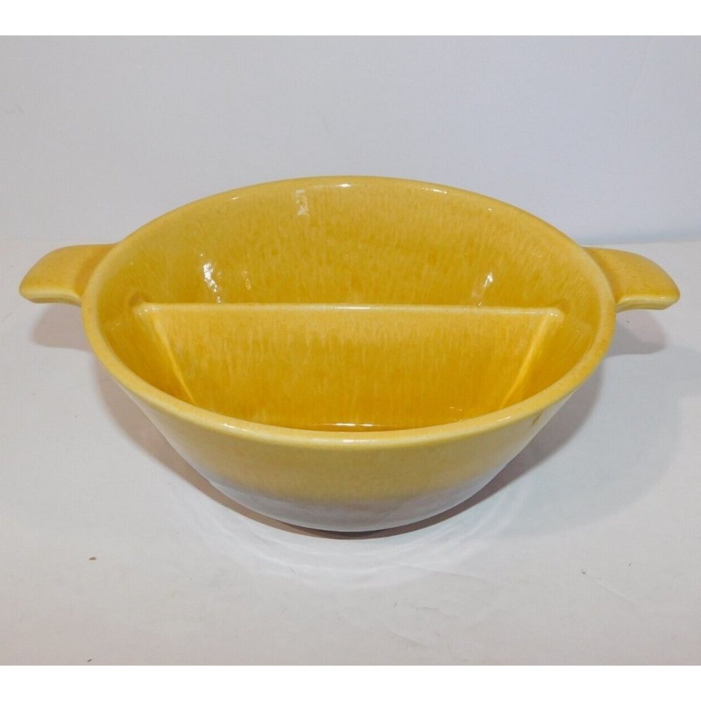 Vintage Hull Pottery Oven Proof Yellow Brown Divided Serving Dish Bowl